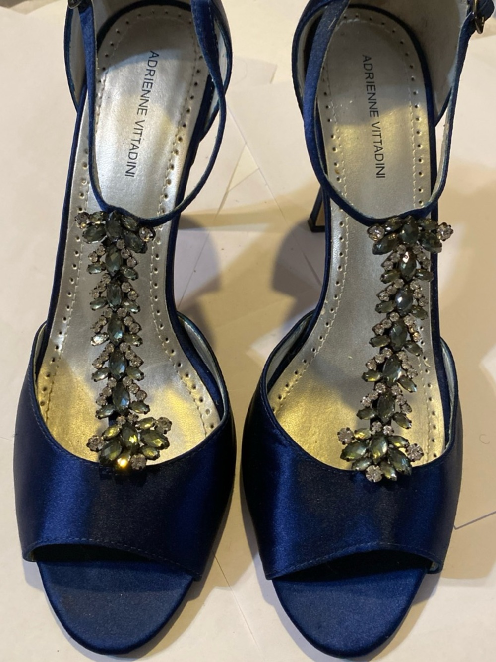Adrienne Vittadini Navy Satin T-Strap Heels with Crystal Embellishment